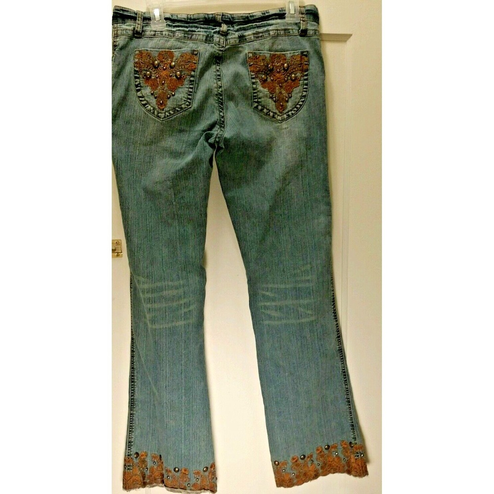 Apollo Blue Jeans Size 11 /12 Buttons and Brown Lace Unique and cute! small hole
